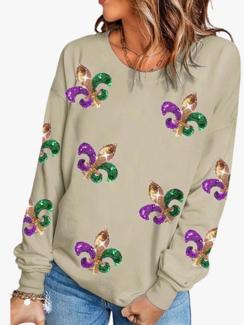 Beige Fleur-de-Lis Sequin Sweatshirt - Women